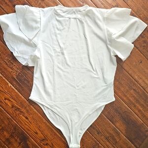 White Ruffled Sleeved White Bodysuit Top